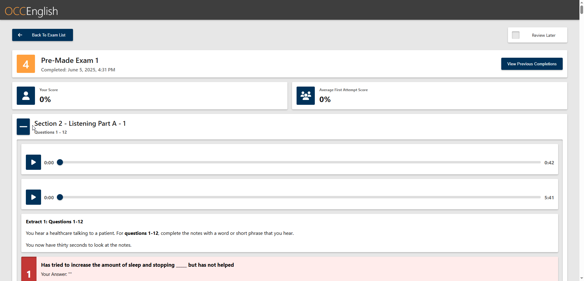 Feedback after exam completion - RuralHOA Occupation English Test RuralHOA screenshot